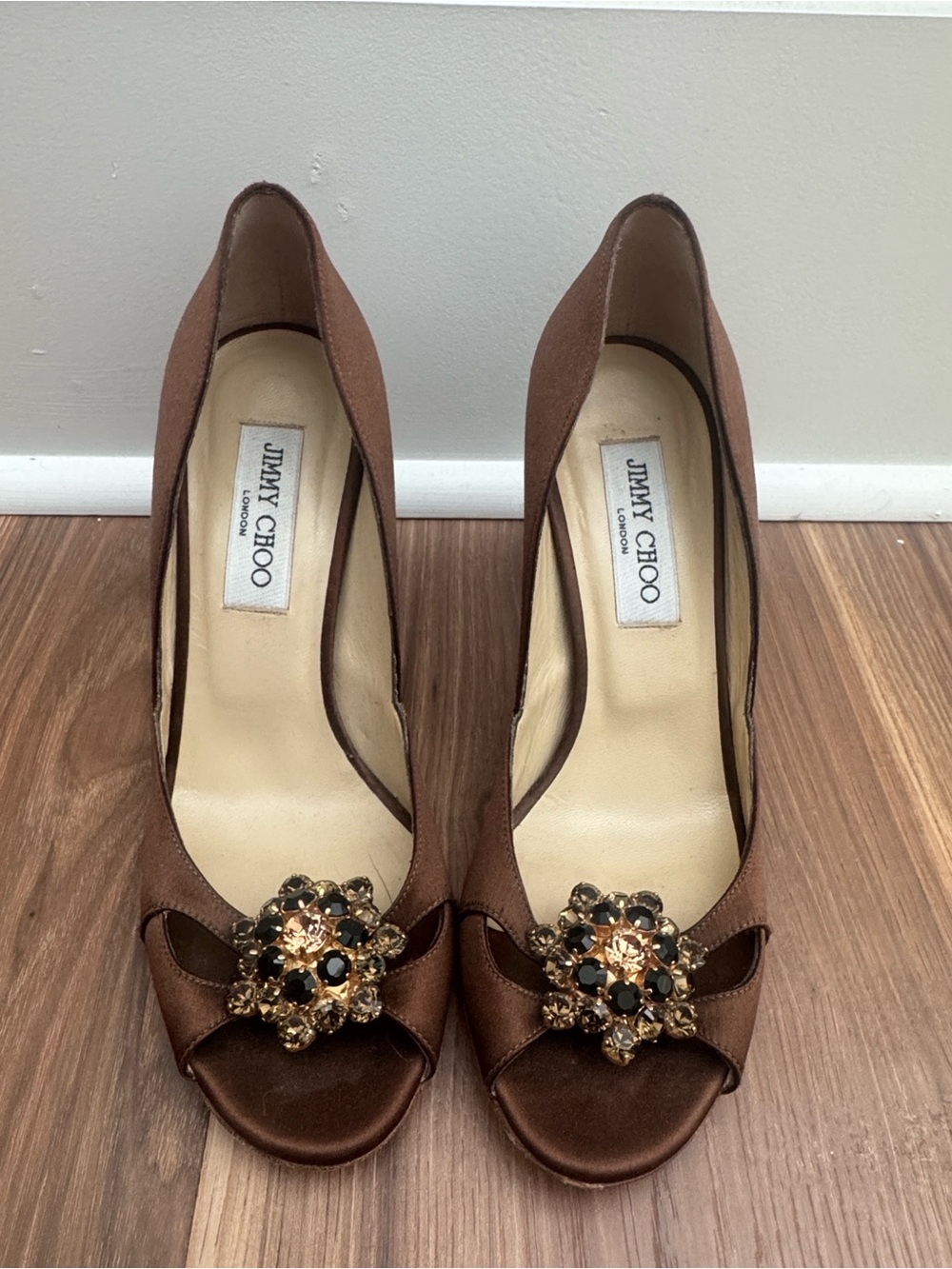 Jimmy Choo Brown Satin Open-Toe Pumps with Jewel Flower Accent